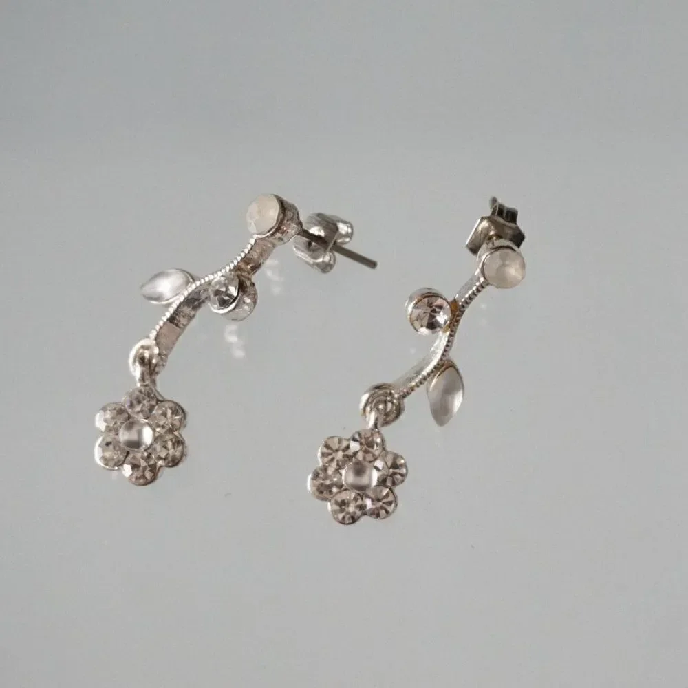 Vintage Crystal Vine Teardrop Flower Earrings Silvertone  Wedding Bridesmaid